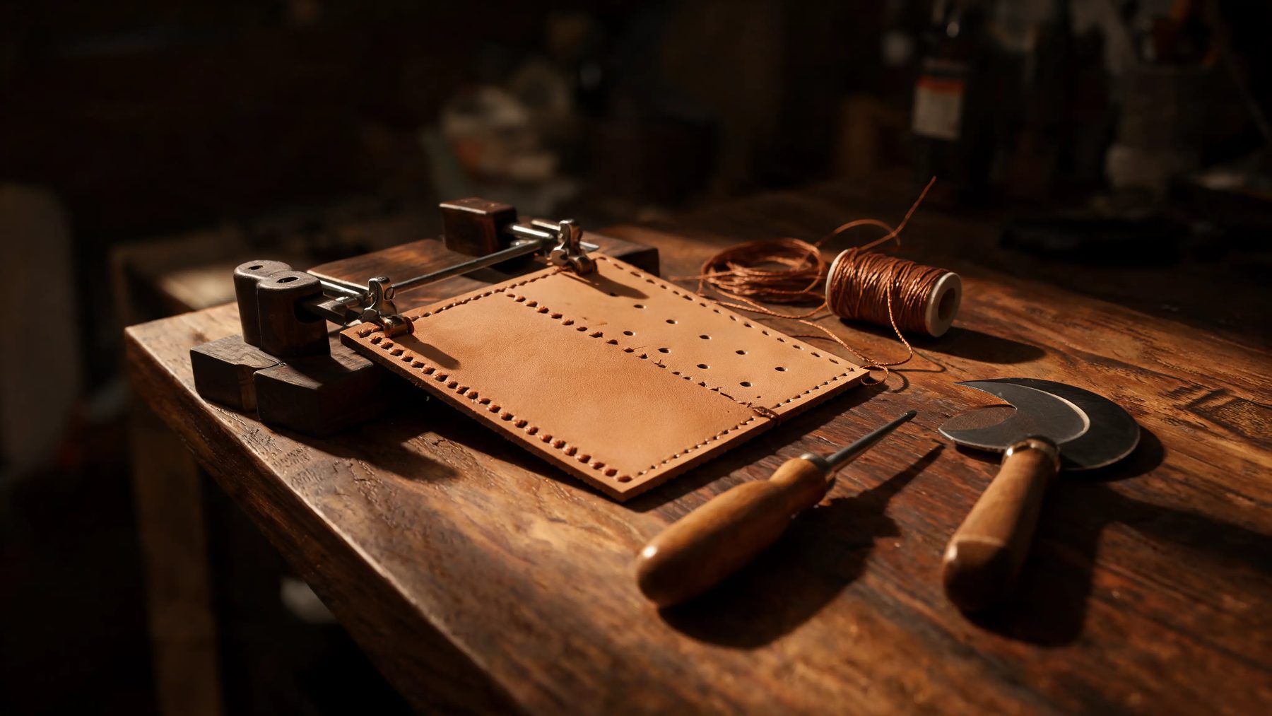 Workshop bench with a half-stitched panel in a clamp, waxed thread and a round knife